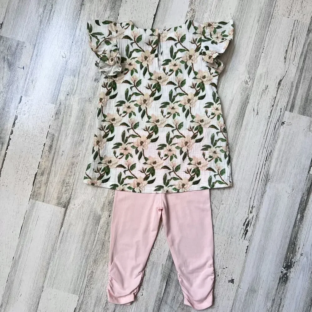 Mud Pie Girls Tunic & Capri Set Size 5T Magnolia Floral Cotton Gauze Outfit New